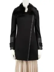 Black Wool Asymmetric Fur Collared Coat