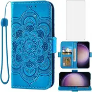 [Asuwish] Phone Case for Samsung Galaxy S23 5G Wallet Cover with Tempered Glass Screen Protector and Leather Flip Credit Card Holder Cell Accessories S 23 23S GS23 G5 SM-S911U 6.1 inch Women Men Blue
