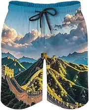 [RKJVB] Mens Swim Trunks with Mesh Lining The Great Wall of China Beach Shorts Quick Dry Drawstring Board Shorts with Pocket