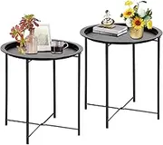 VECELO Side/End Table, Folding Round Metal Anti-Rust and Waterproof Outdoor or Indoor Tray for Living Room Bedroom Balcony and Office, 2 PCS, Black