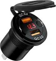 12V USB Outlet, Dual QC3.0 USB Fast Charger Socket Power Outlet Adapter 12V/24V 36W Aluminum Motorcycle Phone Charger with Switch LED Digital Voltmeter for Car, Marine, Boat, Motorcycle