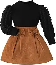 [Noubeau] Toddler Girls Plaid Outfits Girls Puff Sleeve Knit Ribbed Shirt Tops Plaid Skirt Set Kids Fall Winter Clothes