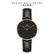 Daniel Wellington 手錶 Petite Sheffield 32mm 爵士黑真皮皮革錶-玫瑰金框(DW00100168)