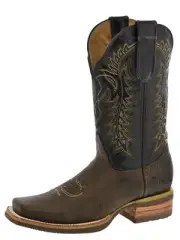 Mens Western Leather Boots Brown Stitch Inlay Square Toe Rodeo Farm Wear Size 10