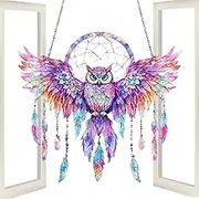 Owl Sun Catcher for Windows - Owls Sun Catcher | Owls Stained Acrylic Sun Catcher - Feather Dream Catcher, Colourful Wings Spread Owl Sun Catcher for Living Room, Bedroom