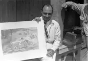 Juan Zanelli with a painting of himself racing a Bugatti 1936 Racing Old Photo