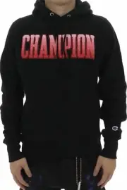Champion Reverse Weave Men`s Hoodie Black-Ombre Block Applique Logo