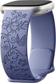 Maledan Engraved Band Compatible with Fitbit Versa 3 Band for Woman/Versa 4 Bands & Fitbit Sense 2 Band/Sense Bands Women, Soft Floral Pattern Sport Accessories for Sense/Sense 2/Versa 4/3 SmartWatch