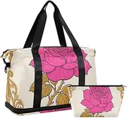 [Amooorous] Elegant Rose Floral Peach Gold Gym Tote Bag Travel Overnight Carry on Bag with Toiletry Bag for Trip Waterproof, elegant rose floral peach gold, 1 size