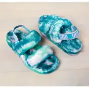 NEW UGG Size 7 Womens Oh Yeah Marble Fur Slides - Aquatic Blue