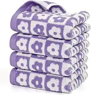 [Jacquotha] Cotton Face Towels Set of 4 - Checkered Floral Bathroom Hand for Everyday Use, 29” x 13” Lilac