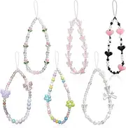 Crystal Pearls Beaded Phone Strap, 6Pcs Crystal Butterfly Pearl Beaded Phone Charm Strap, Butterfly beaded phone Wrist Straps for Women