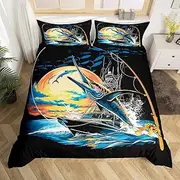 jejeloiu Kids Marlin Swordfish Bedding Set Toddler Size Ocean Fish Bedding Duvet Cover Set Nautical Fishing and Hunting Comforter Cover Set Marine Navy Blue Bedspread Cover 2Pcs,No Comforter