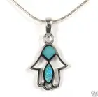 Hamsa Hand Pendant Necklace Good Luck, Opal Fish Charm Sterling Silver, Judaica