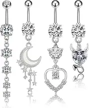 [Huipalon] 4Pcs Belly Button Piercing Set Belly Ring 14 Gauge Belly Piercing Navel Belly Button Ring CZ Sun&Moon Heart Little Devil Pendants Piercing Jewellery for Women Girl, One Size, Stainless Steel