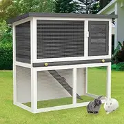 Advwin Rabbit Hutch, 90 x 45 x 80cm Wood Chicken Coop Guinea Pig Outdoor Hutch Weatherproof, 2 Storey Bunny Hutch with Removable Trays for Small Animals