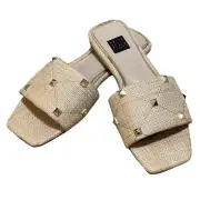 White House Black Market Everlee Studded Raffia Slide Natural Size 6 New In Box