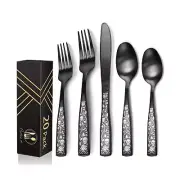 20-Piece Matte Black Silverware Set for 4, Skull Rose Cultery Set 18/0 Stain ...