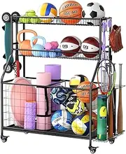 Ball Storage Rack - Gym Equipment Stroage,Garage Storage Organizer with Baskets and Hooks for Sports Gear/Toys/Yoga Mat,Garage Storage Shelves for Indoor/Outdoor Storage