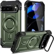 Compatible with Google Pixel 9 Pro XL Magnetic,Built-in Camera Hold Kickstand Bracket Lens,Wireless Charging,Military-Grade Protection,Magnetic Phone Case,Metal Stash Stand for Car Holder(Green)