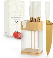 CHROME CLUB Stainless Steel White and Gold Knife Set with Block - 7 Piece Gold Kitchen Knife Set with Durable Clear Knife Block and Sharpener - Vibrant White Knife Set with Scissors and Cleaning Wipe