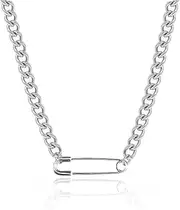 [KummerSaprk] Safety Pin Necklace Silver Gold Charm Necklace for Women Paperclip Chain Necklace Chunky Necklaces Cuban Link Chain Necklace Stainless Steel Necklace Gothic Dresses Accessories