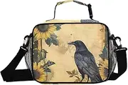 Vintage Sunflower Crow Insulated Lunch Box for Women Men - Ideal for Work, Picnics - Includes Adjustable Shoulder Strap