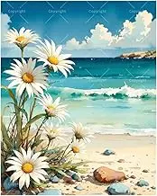 Floral Paint by Numbers Kit for Adults - DIY White Daisies on Sandy Beach by the Sea Painting on Canvas 16x20 Inches, Acrylic Paint Set,Suitable for Beginners,Coastal Art for Home Decoration