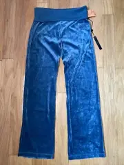 Max Sport Fluffy Velvet Velour Y2K Vintage Wide Leg Track Pants M Midnight Blue