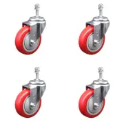 4 Inch SS Red Polyurethane Wheel Swivel 3/8 Inch Threaded Stem Caster Set SCC