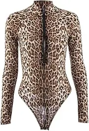 [TTPSRY] Women's Turtle Neck Bodysuit Long Sleeve Ladies Soft Stretchy Tops Leopard Print Slim Fit Sexy V Neck Zip Front Leotard Jumpsuit Perfect Wear for Casual Dance Partywear