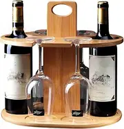AIMALL 1PCS Bamboo Wine Rack, 11.4x11.8x9.3 Inch Wooden Red Wine Holder with Hanging Goblet Stand, Portable Vintage Style Tabletop Wine Glass Rack
