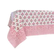 Gulbahar White Pink 100% Cotton Fall Rectangle Tablecloth, Hand Block Print W...