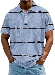 [Generic] Polo Shirts for Men Retro Striped Golf T-Shirts Summer Tops Vintage Loose Fit Short Sleeve Button Shirt Basic Tees