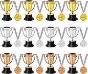 Glarks 24Pcs Mini Trophies with Award Medals Set, Gold Silver Bronze Participation Trophy Cups with Ribbon Winner Awards Olympic Style Kit for Sports Meeting Sports Events