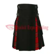 Handmade Utility Kilt For Men Black Cotton With Royal Stewart Tartan Hybrid Kilt