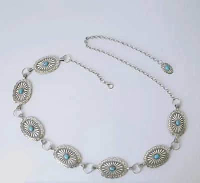 Western Equestrian Antique Silver CONCHO CHAIN BELT W/ Turquoise Stone