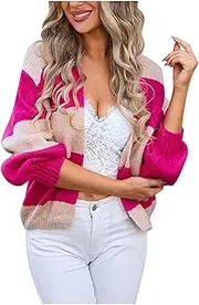 [Generic] Women's Striped Cardigan Sweater 2025 Button Down Cropped Knitted Jacket New Long Sleeve Coats Open Front Knit Outerwear
