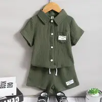 在飛比找蝦皮商城優惠-4-7歲小女孩2件套衣服素色綠色polo短袖襯衫配短褲時尚簡