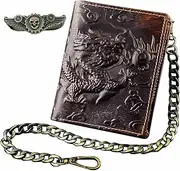 [punkman2000] Vintage Dragon Mens Wallet Slim Card Money Purse Wi/Safe Chain, Brown, short wallet, Vintage