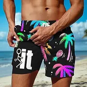 Men's Coconut Tree Letter Funny Lined Shorts 2 in 1 Board Shorts Swim Shorts Mid Waist Hawaiian Vacation Holiday Beach Wear Side Pockets With Compression Liner