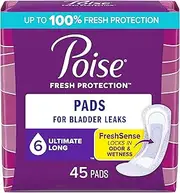 Poise Incontinence Overnight Pads, Ultimate Absorbency, Long, 45 Count