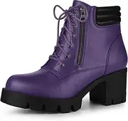 [Allegra K] Women's Lug Sole Zip Combat Block Heel Ankle Boots