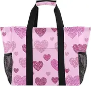 [sanluoli] Bags And Totes Collapsable Beach Tote With Pockets with Handles Carrying Tote, Fake Glitter Heart Peach, 1 size