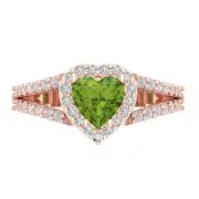 1.7 Heart Halo split shank Natural Peridot Promise Wedding Ring 14k Rose Gold