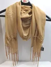 Bijoux Terner Beige Rectangular Scarf Fringed Embroidered Sequins