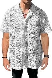 [PLEPAN] Mens Lace Sheer Button Down Shirt Floral Meshed Short Sleeves Knit Shirts Tee Top Openwork Beach Casual Vacation