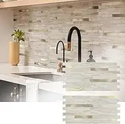 KASARO 20 Sheets Peel and Stick Backsplash Tile, Stick on Kitchen, Bathroom, Fireplace and RV, PVC Adhesive Mosaic Marble Beige with Vintage Gold Embellished Stripes Wall Tile