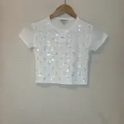 J Crew Girls' short-sleeve lattice-sequin T-shirt Small White Ivory
