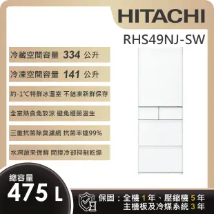 【HITACHI 日立】475L一級能效日製變頻五門冰箱 (RHS49NJ-SW)